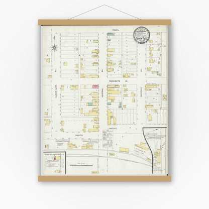 Old map wall art mockup — magnetic wood frame on white wall — Sanborn Fire Insurance Map from Elbow Lake, Grant County, Minnesota (1896), Sheet #0001