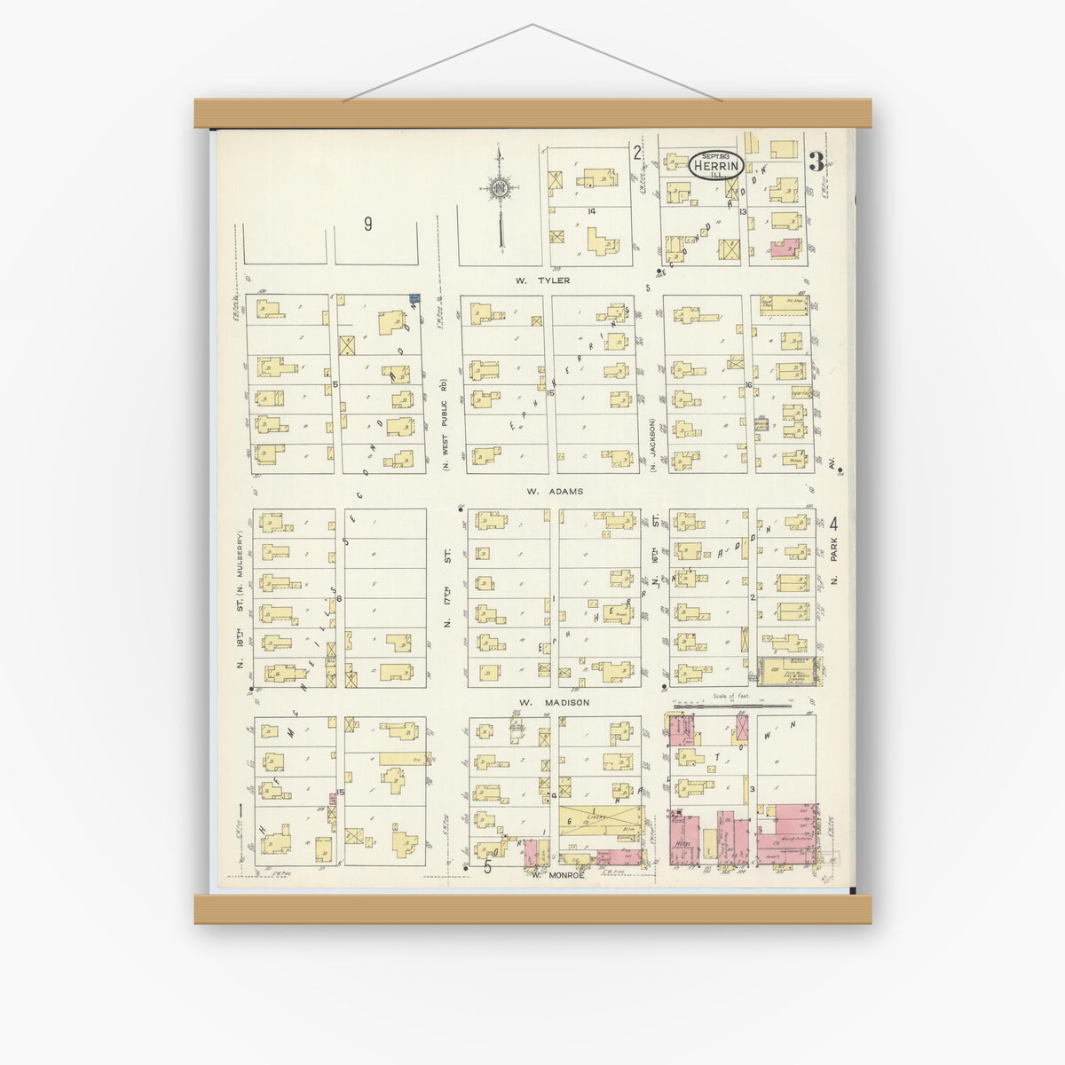 Old map wall art mockup — magnetic wood frame on white wall — Sanborn Fire Insurance Map from Herrin, Williamson County, Illinois (1913), Sheet #0003