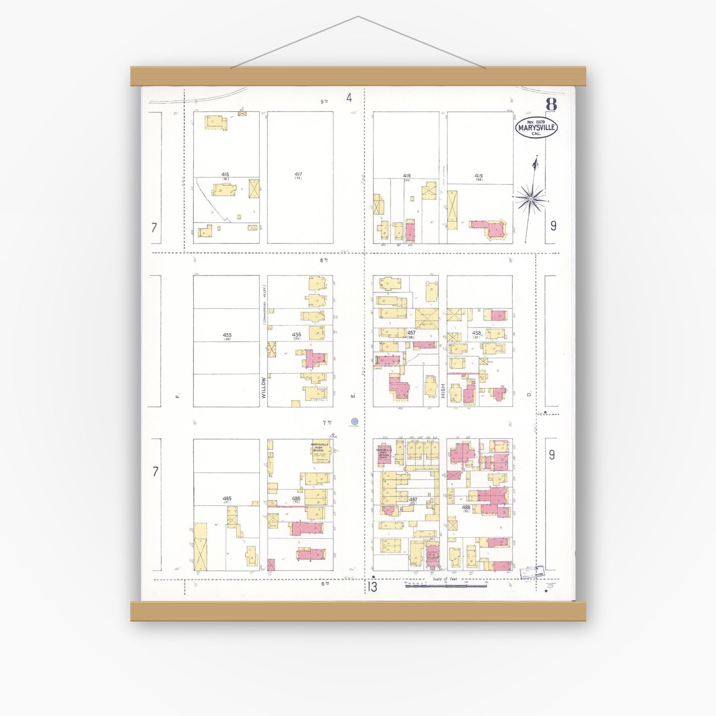 Old map wall art mockup — magnetic wood frame on white wall — Sanborn Fire Insurance Map from Marysville, Yuba County, California (1909), Sheet #0008