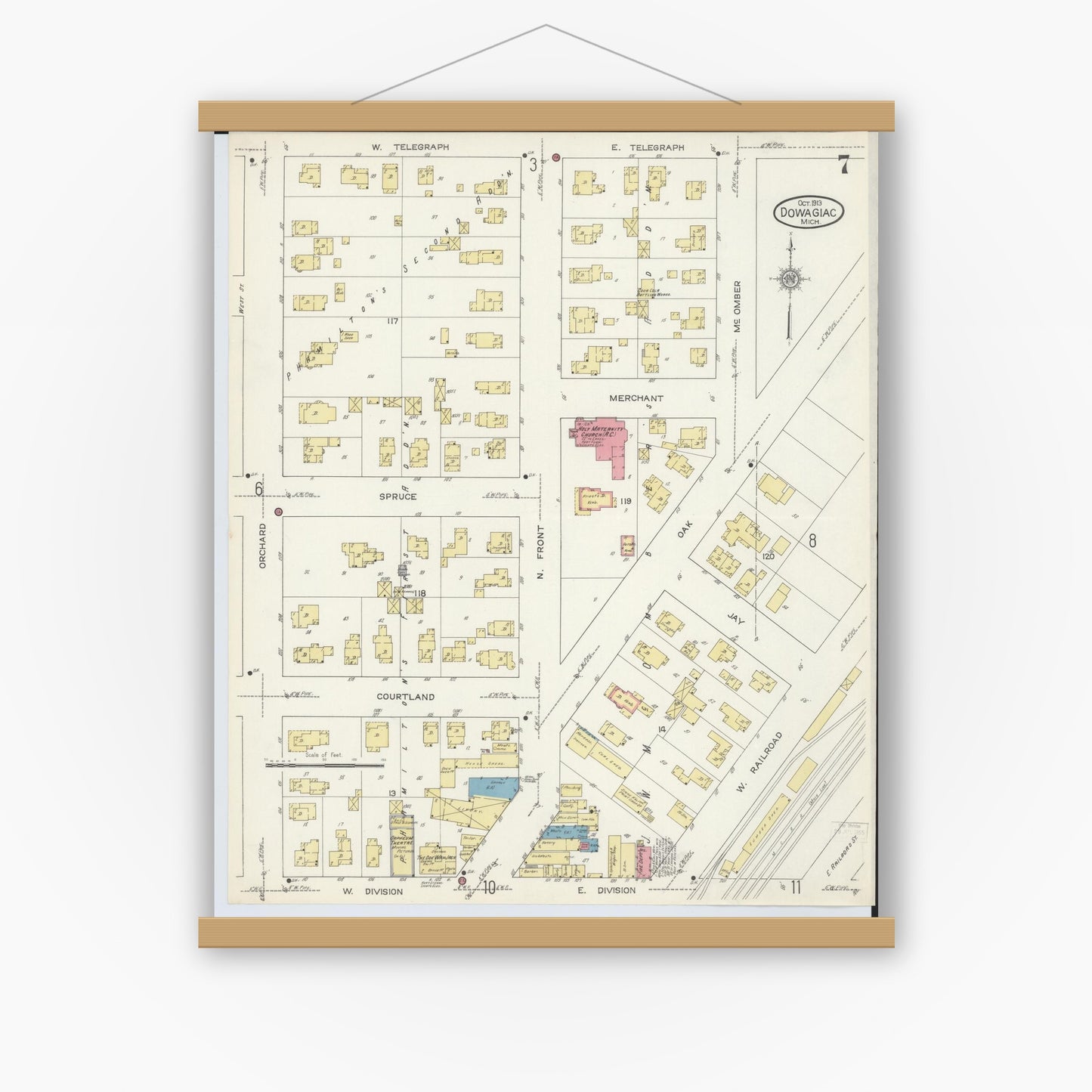 Old map wall art mockup — magnetic wood frame on white wall — Sanborn Fire Insurance Map from Dowagiac, Cass County, Michigan (1913), Sheet #0007