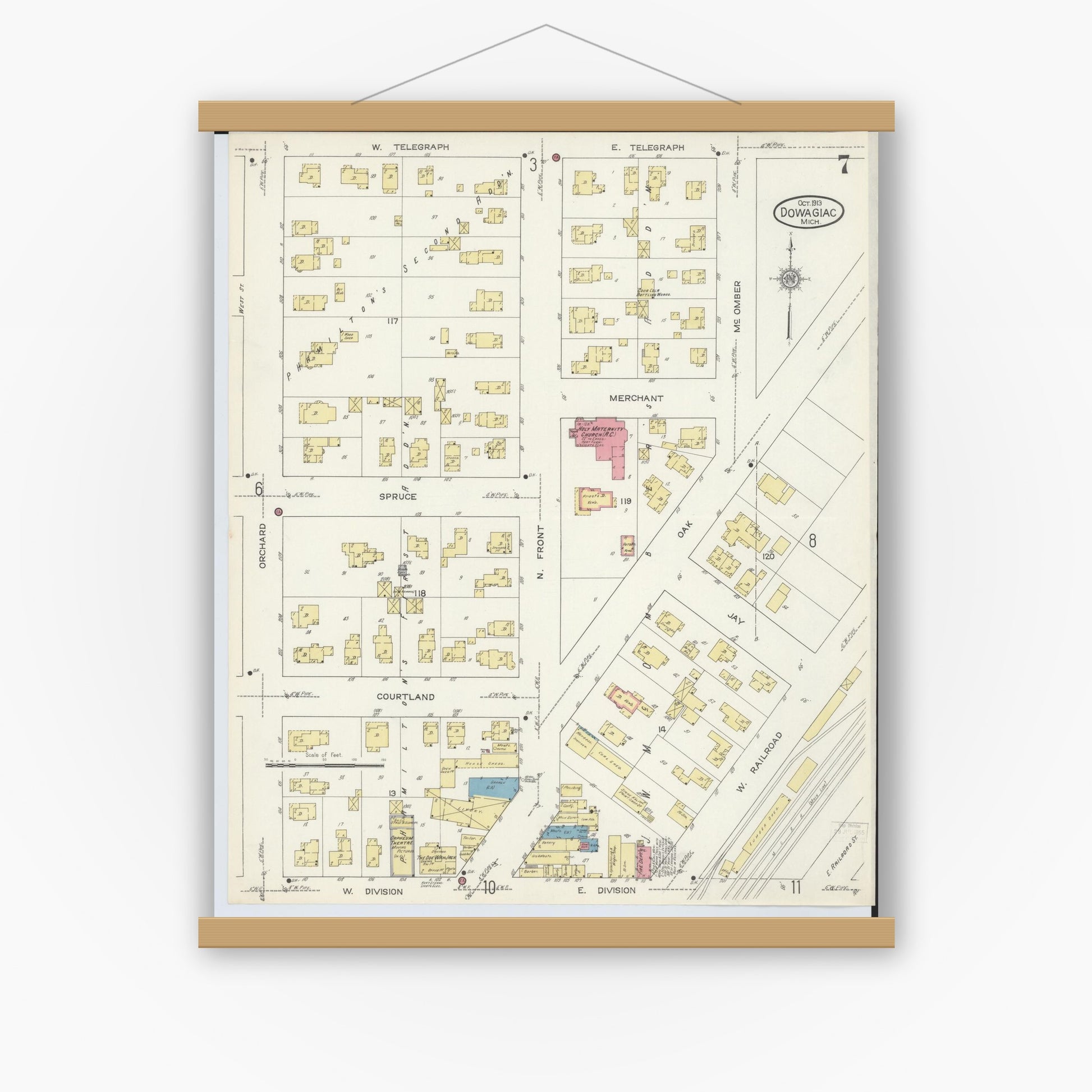 Old map wall art mockup — magnetic wood frame on white wall — Sanborn Fire Insurance Map from Dowagiac, Cass County, Michigan (1913), Sheet #0007