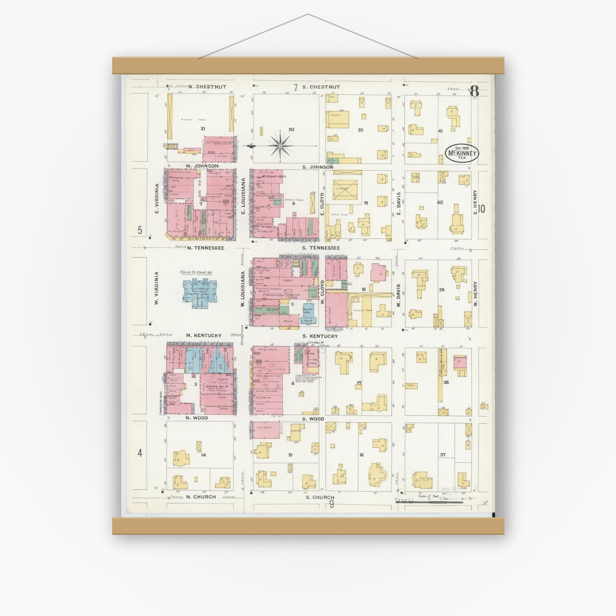 Old map wall art mockup — magnetic wood frame on white wall — Sanborn Fire Insurance Map from McKinney, Collin County, Texas (1908), Sheet #0008