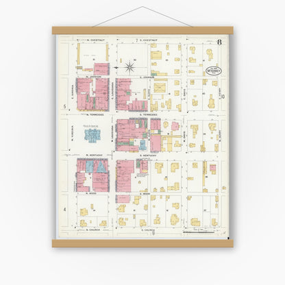 Old map wall art mockup — magnetic wood frame on white wall — Sanborn Fire Insurance Map from McKinney, Collin County, Texas (1908), Sheet #0008