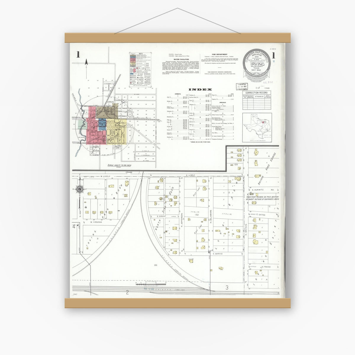 Old map wall art mockup — magnetic wood frame on white wall — Sanborn Fire Insurance Map from Irving, Dallas County, Texas (1942) - Complete Map Set
