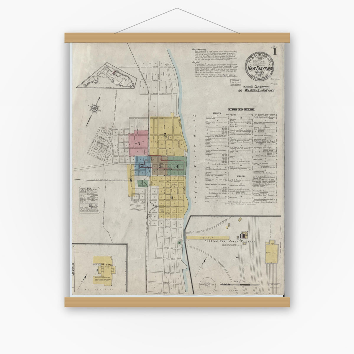 Old map wall art mockup — magnetic wood frame on white wall — Sanborn Fire Insurance Map from New Smyrna, Valusia County, Florida (1916), Sheet #0001