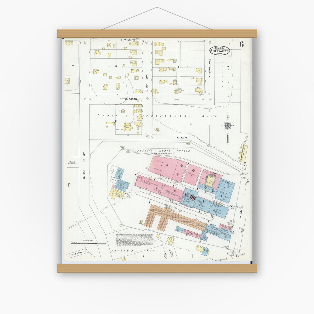 Old map wall art mockup — magnetic wood frame on white wall — Sanborn Fire Insurance Map from Stillwater, Washington County, Minnesota (1910), Sheet #0006