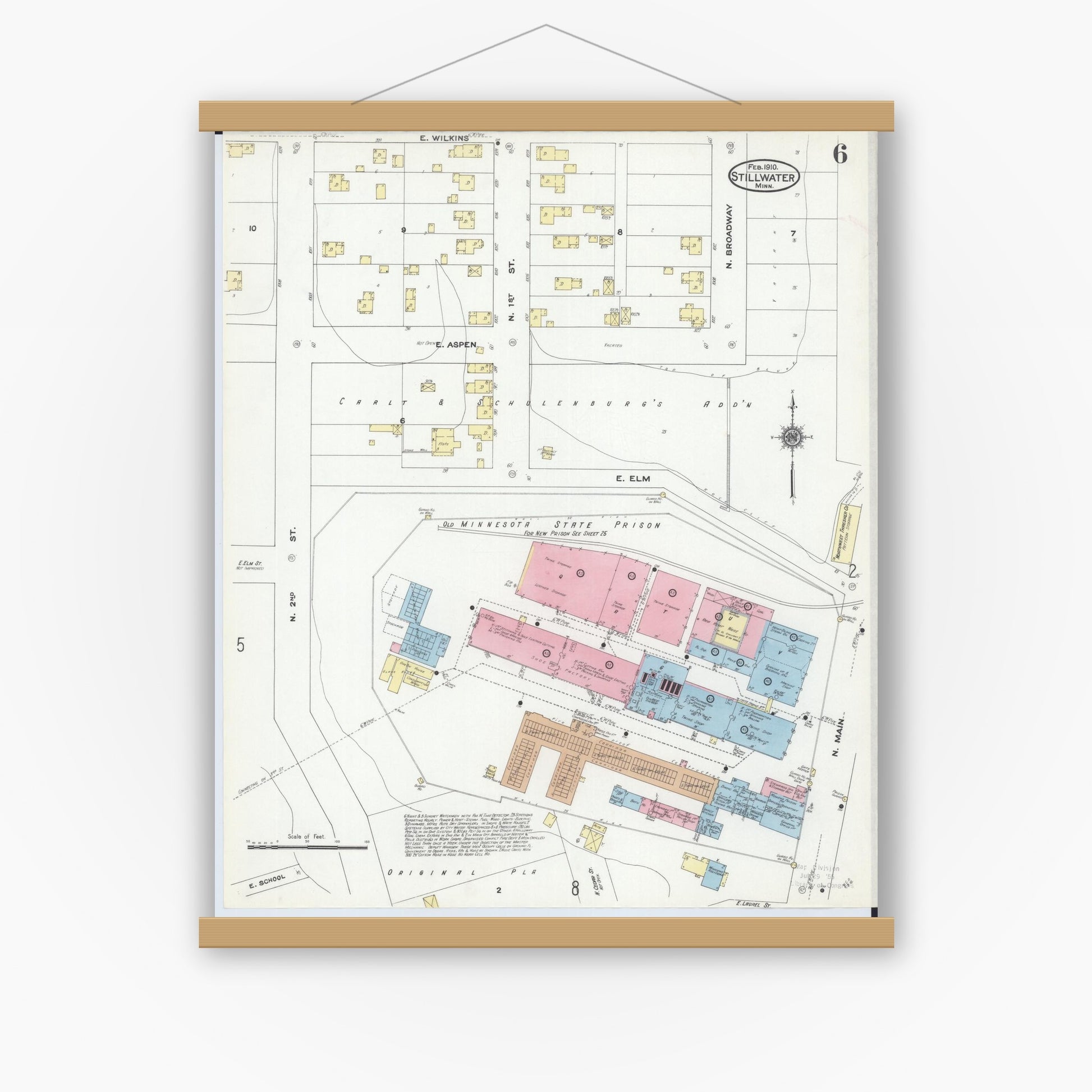 Old map wall art mockup — magnetic wood frame on white wall — Sanborn Fire Insurance Map from Stillwater, Washington County, Minnesota (1910), Sheet #0006