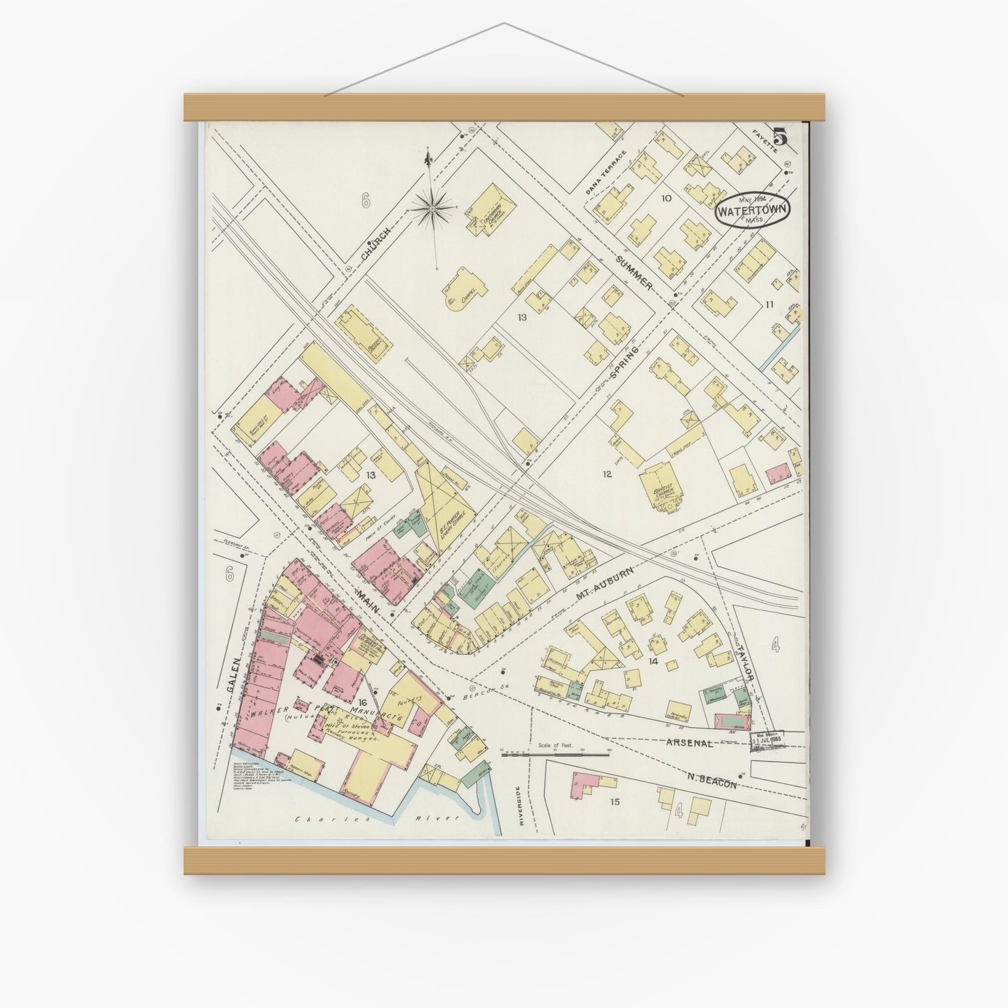 Old map wall art mockup — magnetic wood frame on white wall — Sanborn Fire Insurance Map from Watertown, Middlesex County, Massachusetts (1894), Sheet #0005