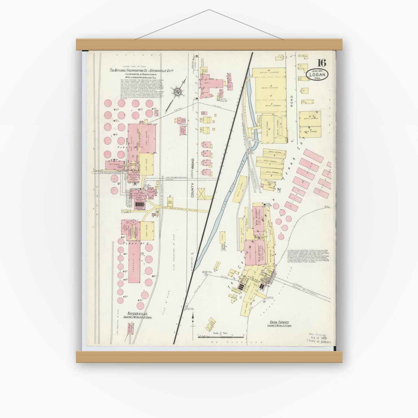 Old map wall art mockup — magnetic wood frame on white wall — Sanborn Fire Insurance Map from Logan, Hocking County, Ohio (1914), Sheet #0016