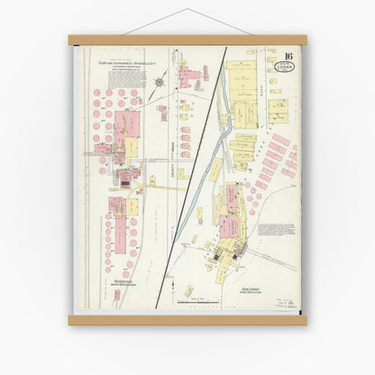 Old map wall art mockup — magnetic wood frame on white wall — Sanborn Fire Insurance Map from Logan, Hocking County, Ohio (1914), Sheet #0016