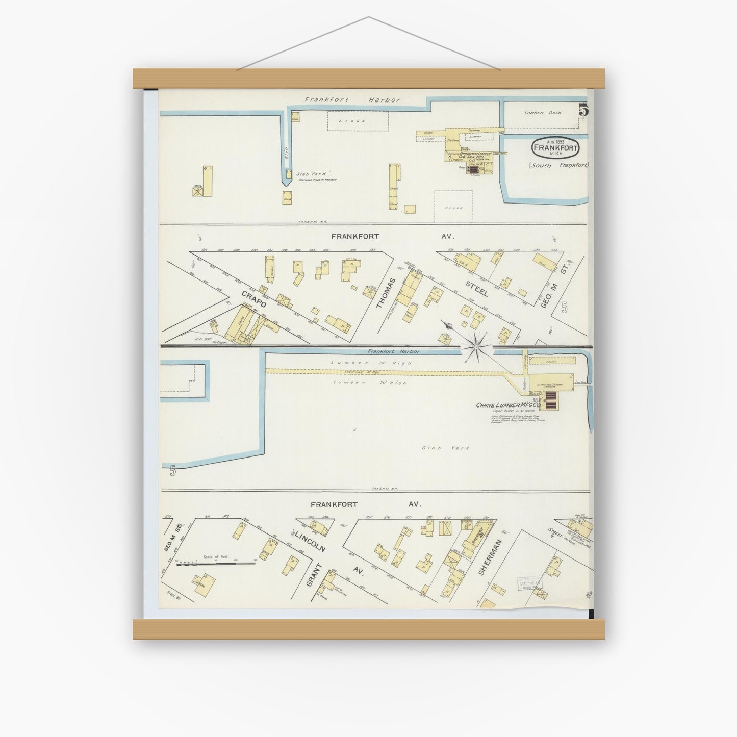 Old map wall art mockup — magnetic wood frame on white wall — Sanborn Fire Insurance Map from Frankfort, Benzie County, Michigan (1893), Sheet #0005
