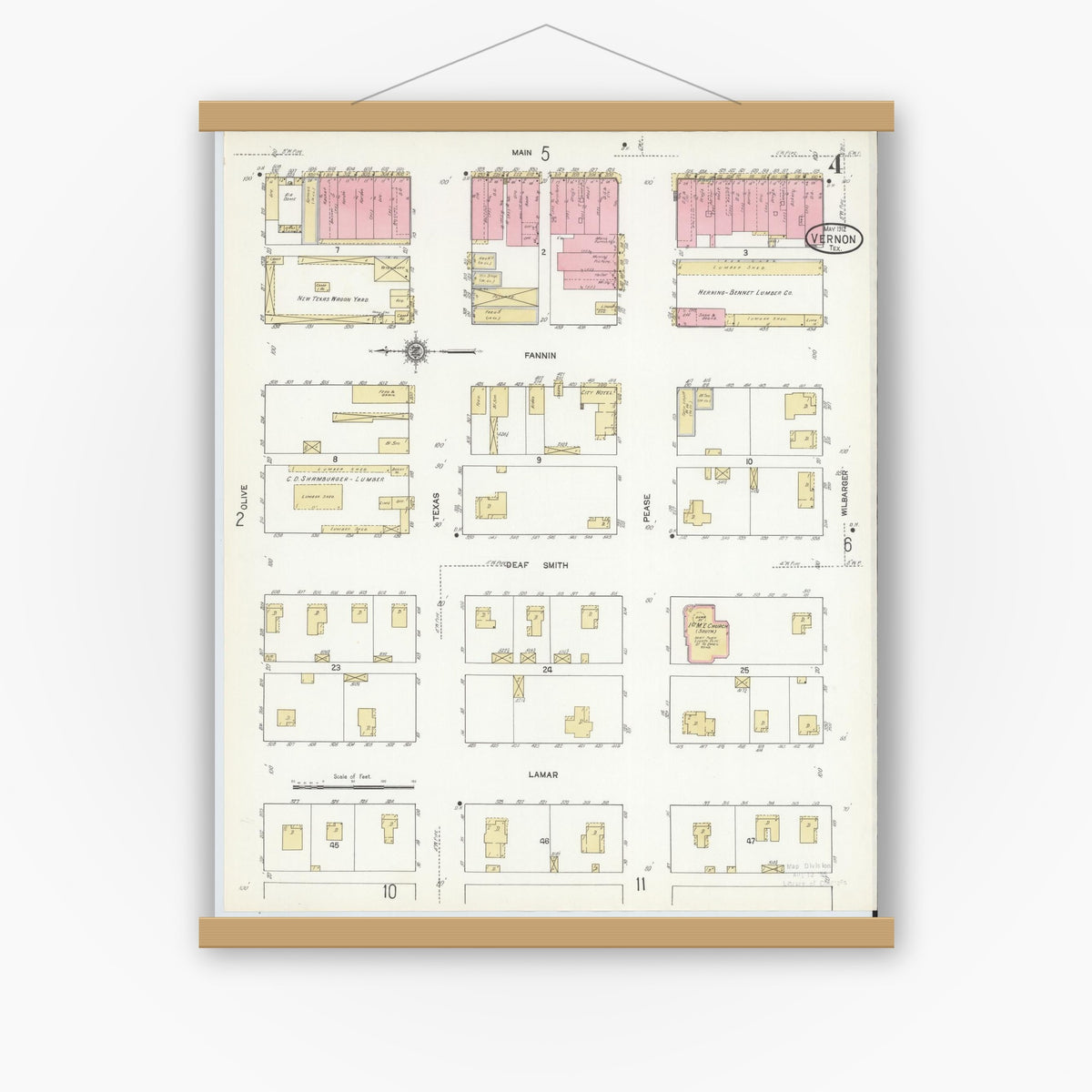 Old map wall art mockup — magnetic wood frame on white wall — Sanborn Fire Insurance Map from Vernon, Wilbarger County, Texas (1912), Sheet #0004