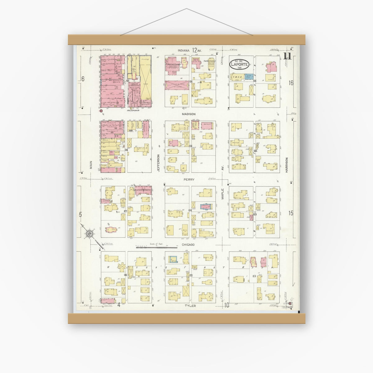 Old map wall art mockup — magnetic wood frame on white wall — Sanborn Fire Insurance Map from La Porte, La Porte County, Indiana (1912), Sheet #0011