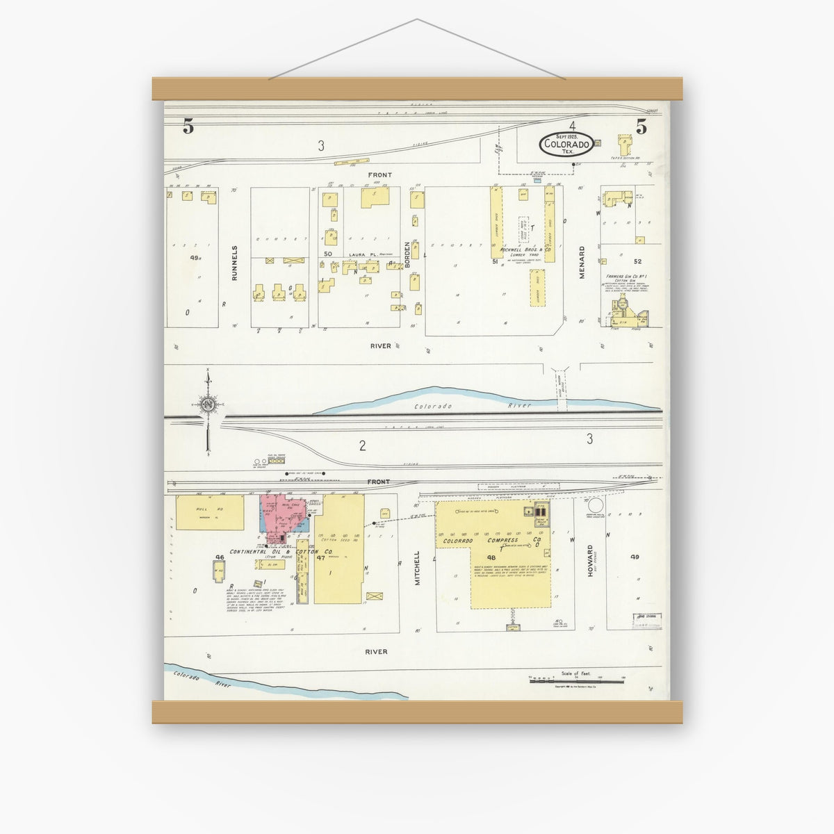 Old map wall art mockup — magnetic wood frame on white wall — Sanborn Fire Insurance Map from Colorado, Mitchell County, Texas (1925), Sheet #0005