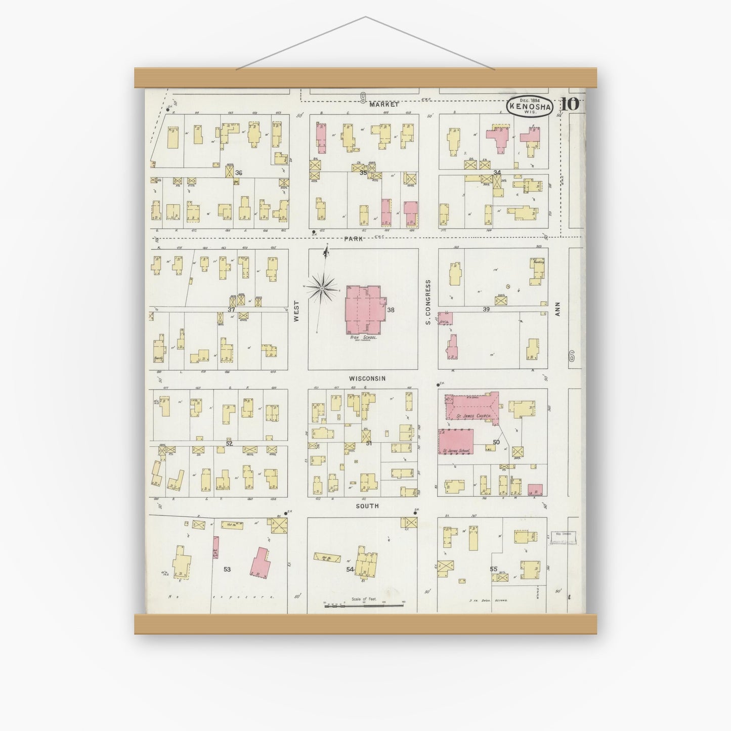 Old map wall art mockup — magnetic wood frame on white wall — Sanborn Fire Insurance Map from Kenosha, Kenosha County, Wisconsin (1894), Sheet #0010