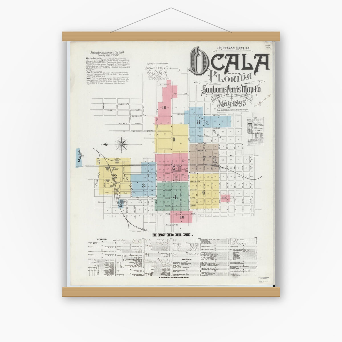 Old map wall art mockup — magnetic wood frame on white wall — Sanborn Fire Insurance Map from Ocala, Marion County, Florida (1895), Sheet #0001