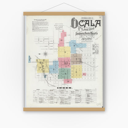 Old map wall art mockup — magnetic wood frame on white wall — Sanborn Fire Insurance Map from Ocala, Marion County, Florida (1895), Sheet #0001