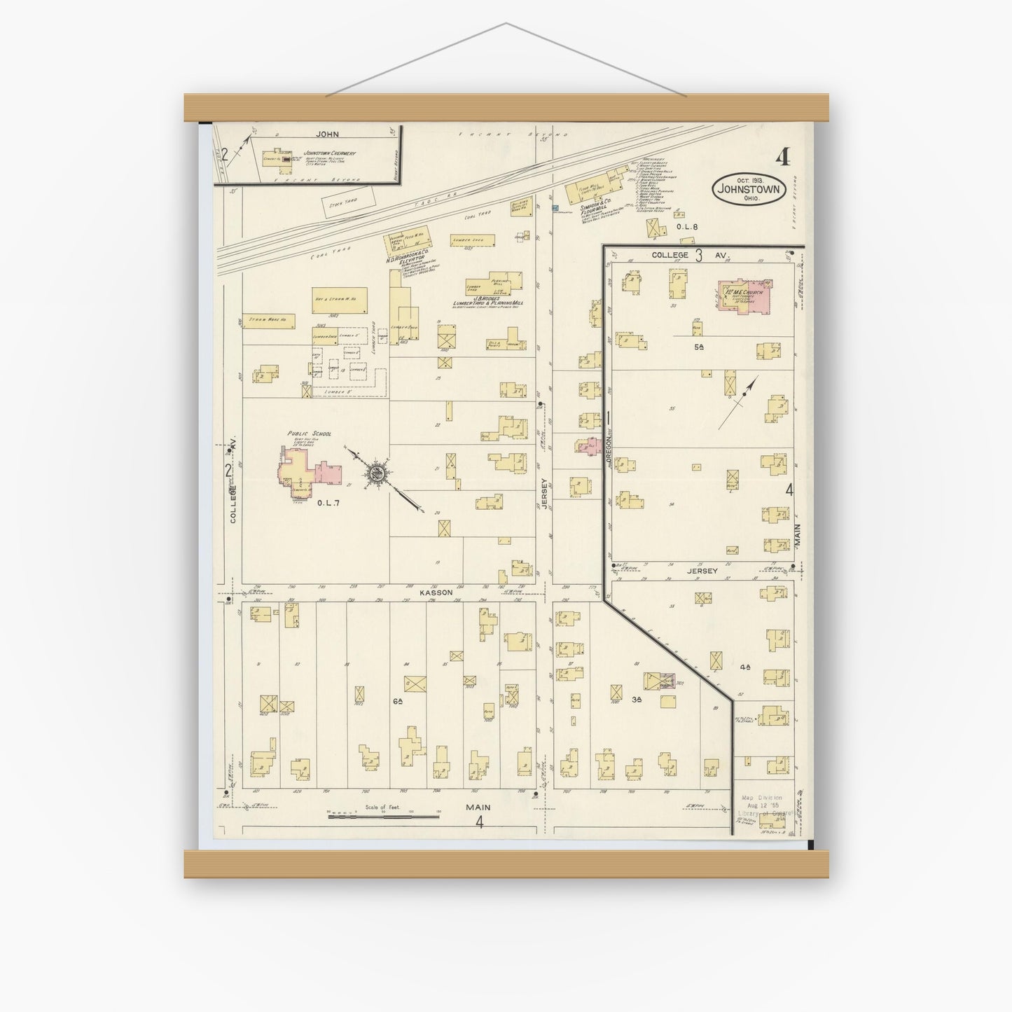 Old map wall art mockup — magnetic wood frame on white wall — Sanborn Fire Insurance Map from Johnstown, Licking County, Ohio (1913), Sheet #0004