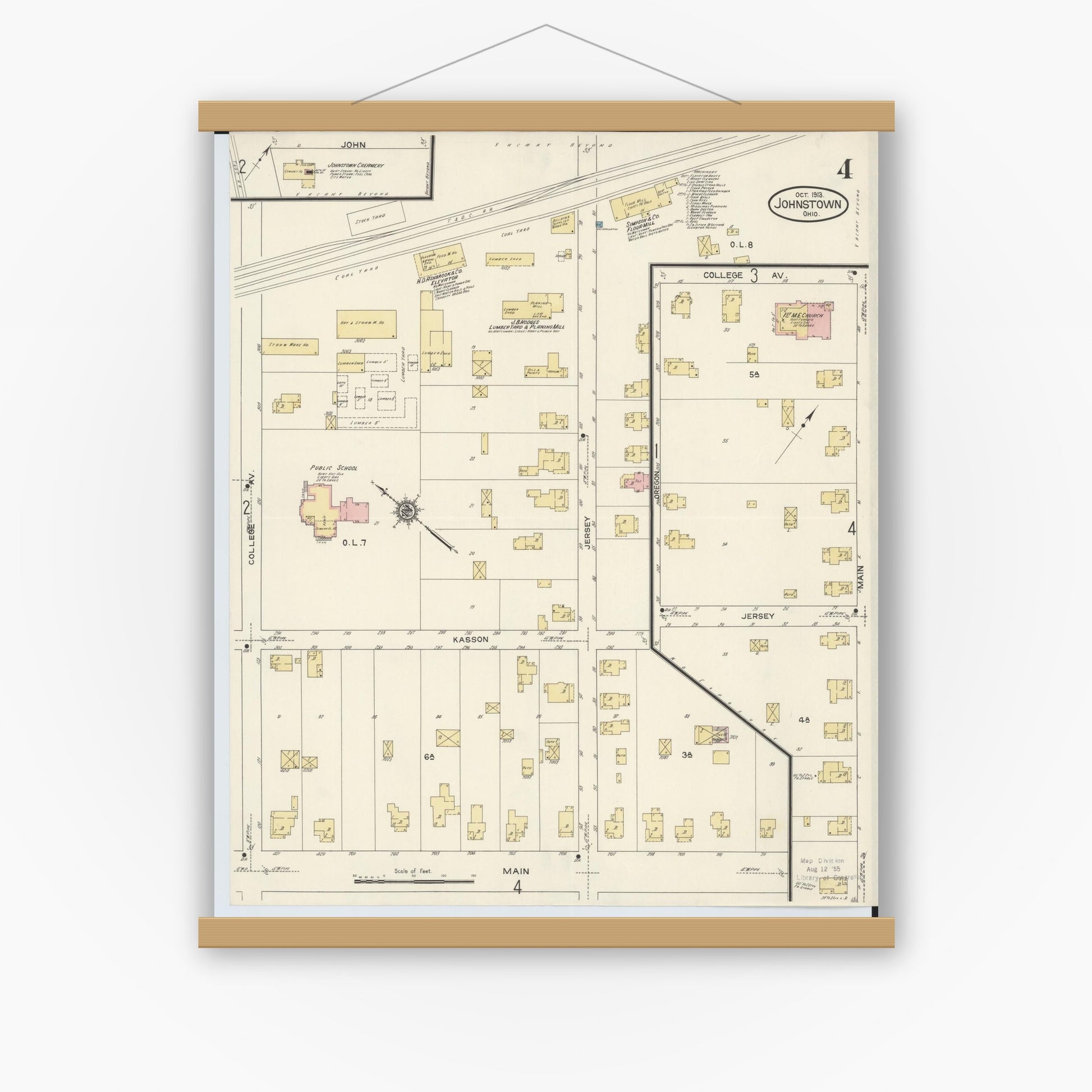 Old map wall art mockup — magnetic wood frame on white wall — Sanborn Fire Insurance Map from Johnstown, Licking County, Ohio (1913), Sheet #0004