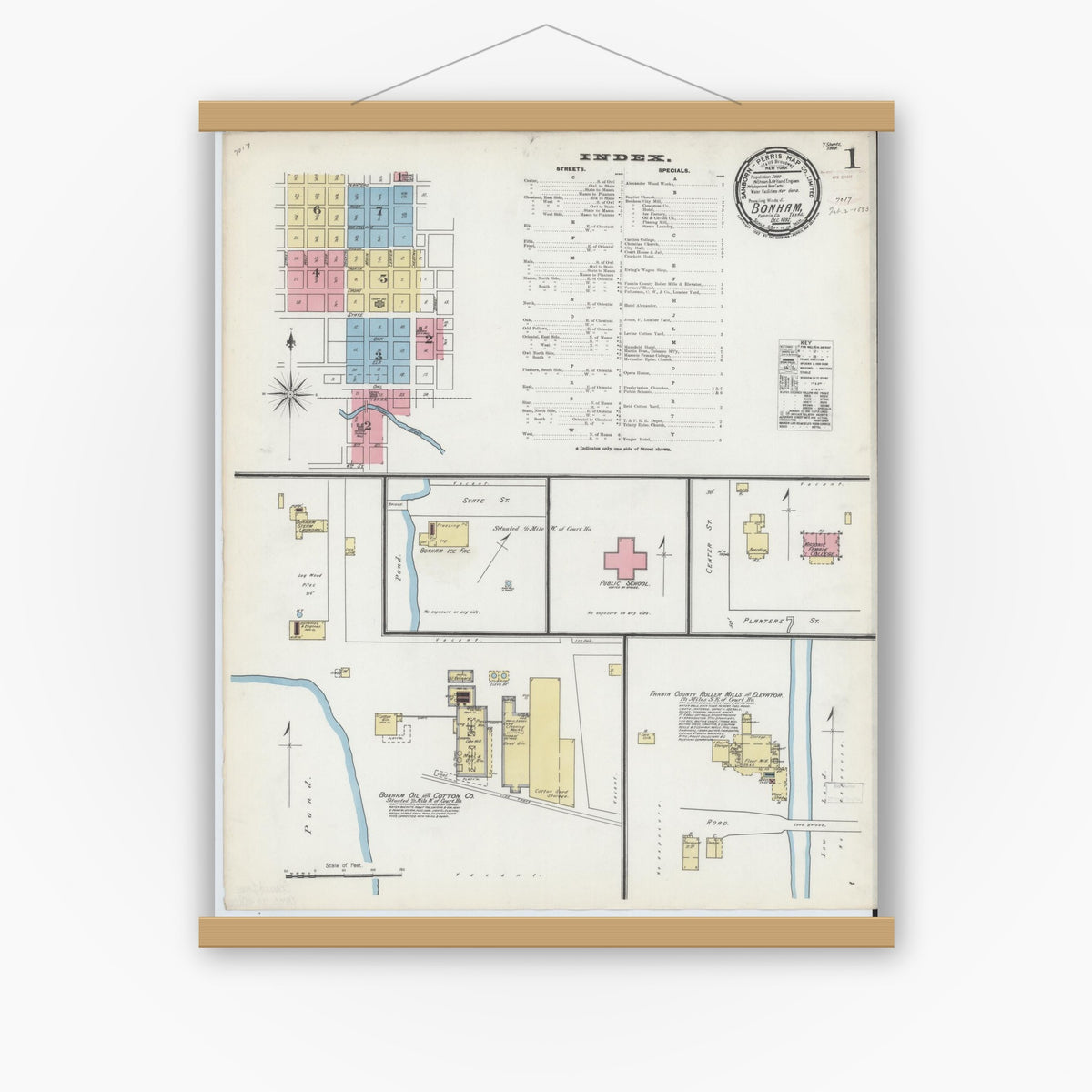 Old map wall art mockup — magnetic wood frame on white wall — Sanborn Fire Insurance Map from Bonham, Fannin County, Texas (1892) - Complete Map Set