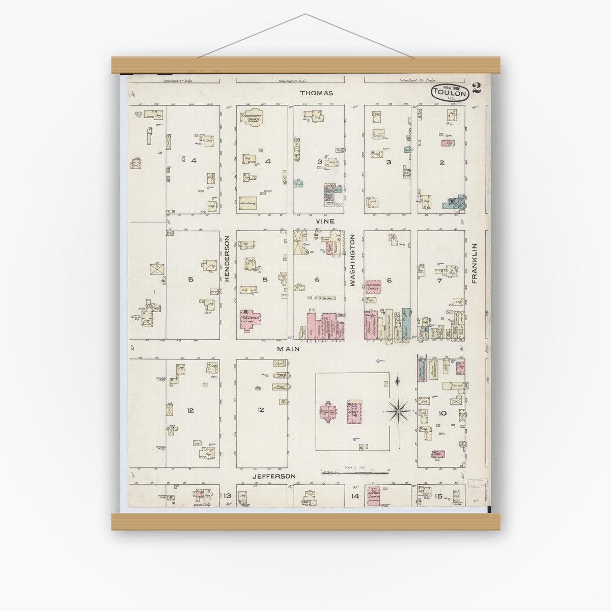 Old map wall art mockup — magnetic wood frame on white wall — Sanborn Fire Insurance Map from Toulon, Stark County, Illinois (1886), Sheet #0002