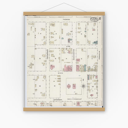Old map wall art mockup — magnetic wood frame on white wall — Sanborn Fire Insurance Map from Toulon, Stark County, Illinois (1886), Sheet #0002
