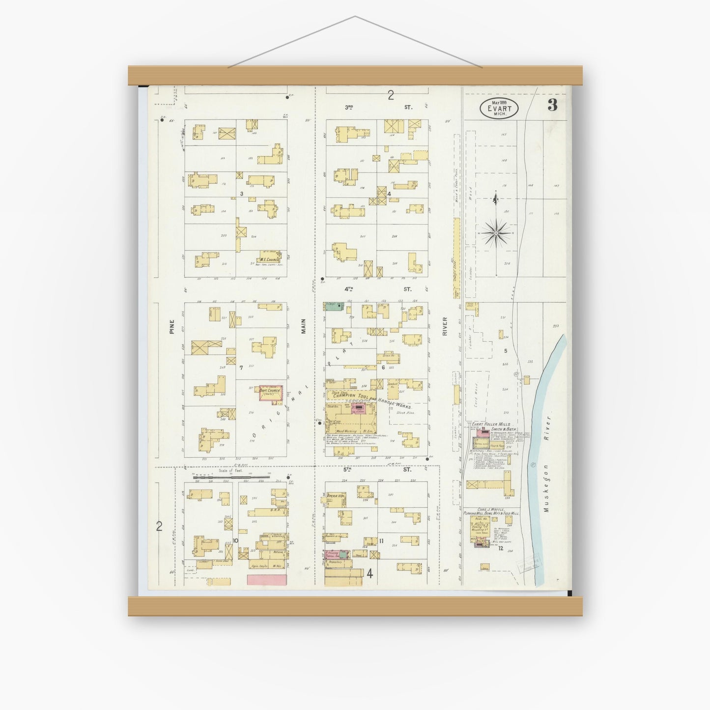 Old map wall art mockup — magnetic wood frame on white wall — Sanborn Fire Insurance Map from Evart, Osceola County, Michigan (1899), Sheet #0003