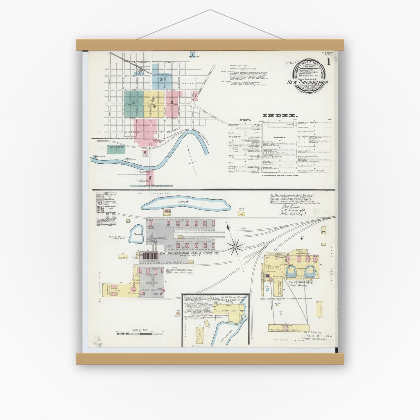 Old map wall art mockup — magnetic wood frame on white wall — Sanborn Fire Insurance Map from New Philadelphia, Tuscarawas County, Ohio (1892), Sheet #0001