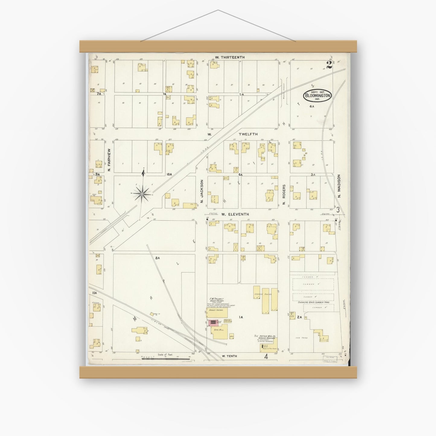 Old map wall art mockup — magnetic wood frame on white wall — Sanborn Fire Insurance Map from Bloomington, Monroe County, Indiana (1907), Sheet #0002