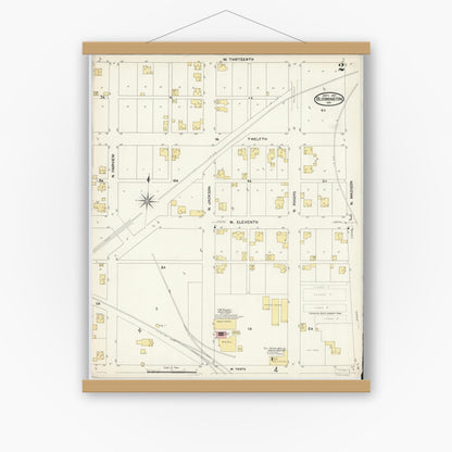 Old map wall art mockup — magnetic wood frame on white wall — Sanborn Fire Insurance Map from Bloomington, Monroe County, Indiana (1907), Sheet #0002