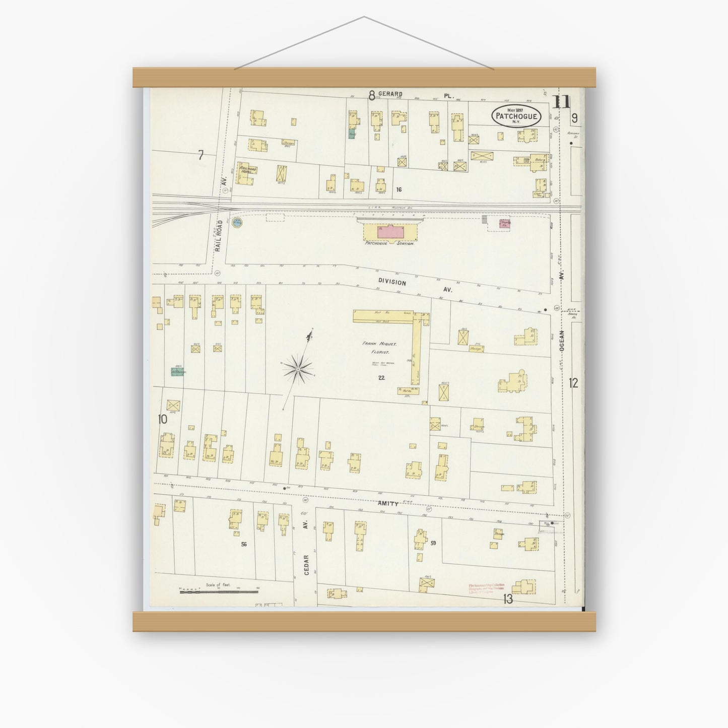 Old map wall art mockup — magnetic wood frame on white wall — Sanborn Fire Insurance Map from Patchogue, Suffolk County, New York (1897), Sheet #0011