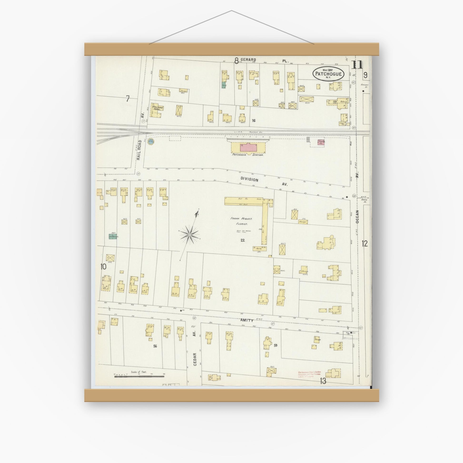 Old map wall art mockup — magnetic wood frame on white wall — Sanborn Fire Insurance Map from Patchogue, Suffolk County, New York (1897), Sheet #0011