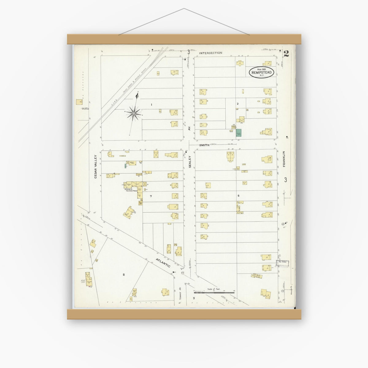 Old map wall art mockup — magnetic wood frame on white wall — Sanborn Fire Insurance Map from Hempstead, Nassau County, New York (1909) - Complete Map Set