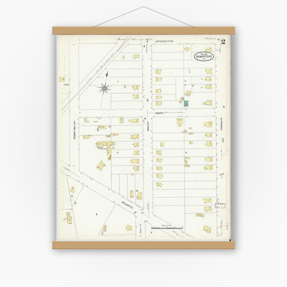 Old map wall art mockup — magnetic wood frame on white wall — Sanborn Fire Insurance Map from Hempstead, Nassau County, New York (1909) - Complete Map Set