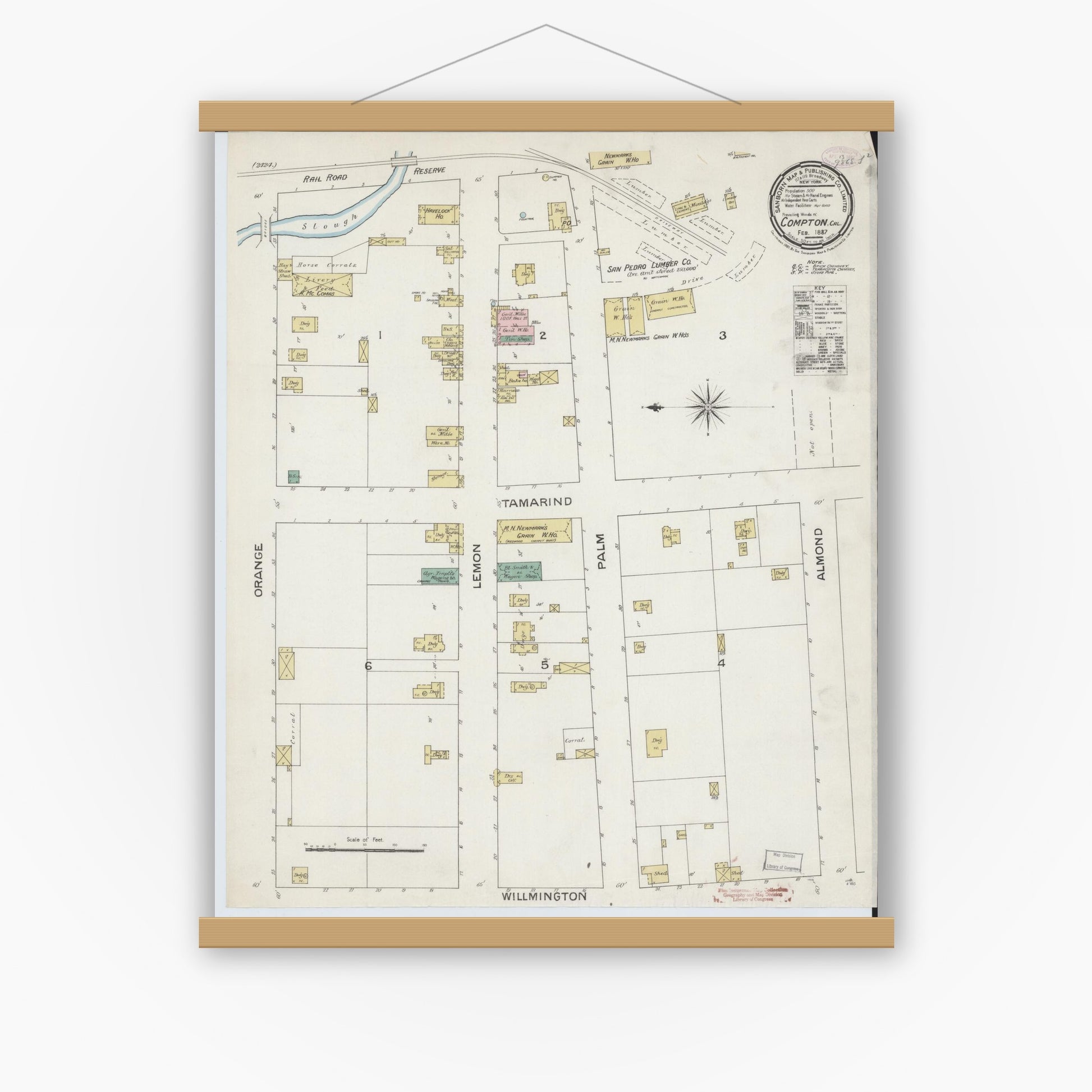 Old map wall art mockup — magnetic wood frame on white wall — Sanborn Fire Insurance Map from Compton, Los Angeles County, California (1887), Sheet #0001
