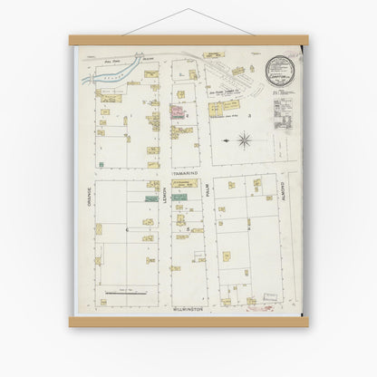 Old map wall art mockup — magnetic wood frame on white wall — Sanborn Fire Insurance Map from Compton, Los Angeles County, California (1887), Sheet #0001