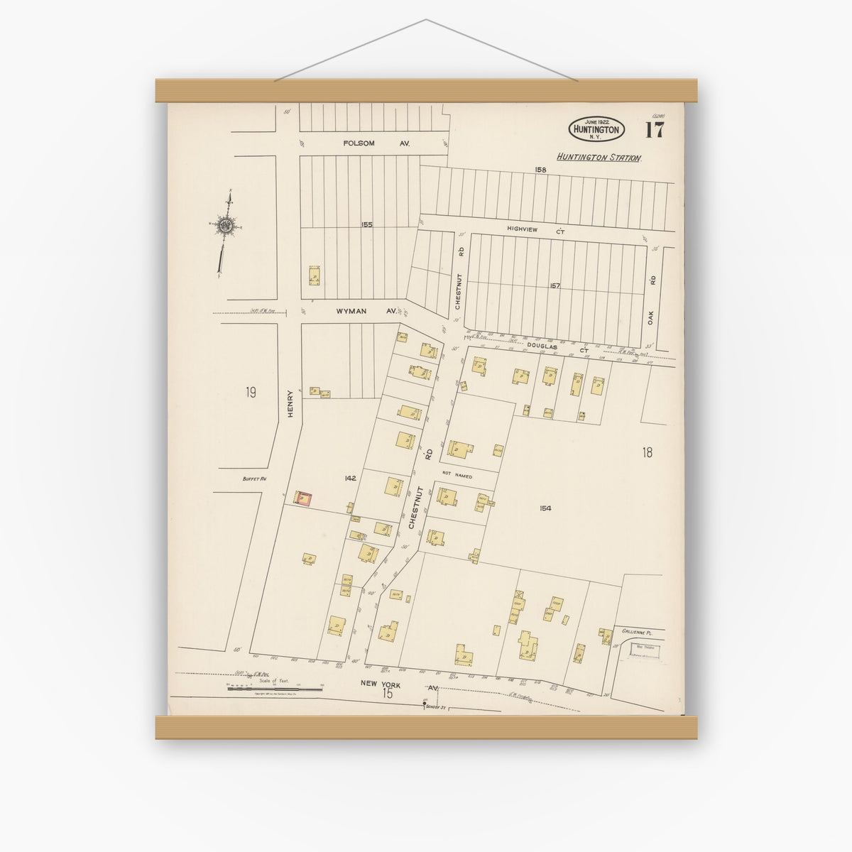 Old map wall art mockup — magnetic wood frame on white wall — Sanborn Fire Insurance Map from Huntington, Suffolk County, New York (1922), Sheet #0017