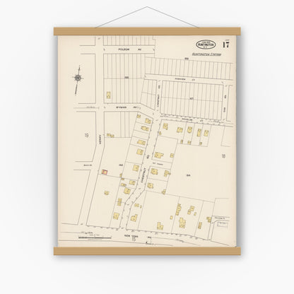 Old map wall art mockup — magnetic wood frame on white wall — Sanborn Fire Insurance Map from Huntington, Suffolk County, New York (1922), Sheet #0017