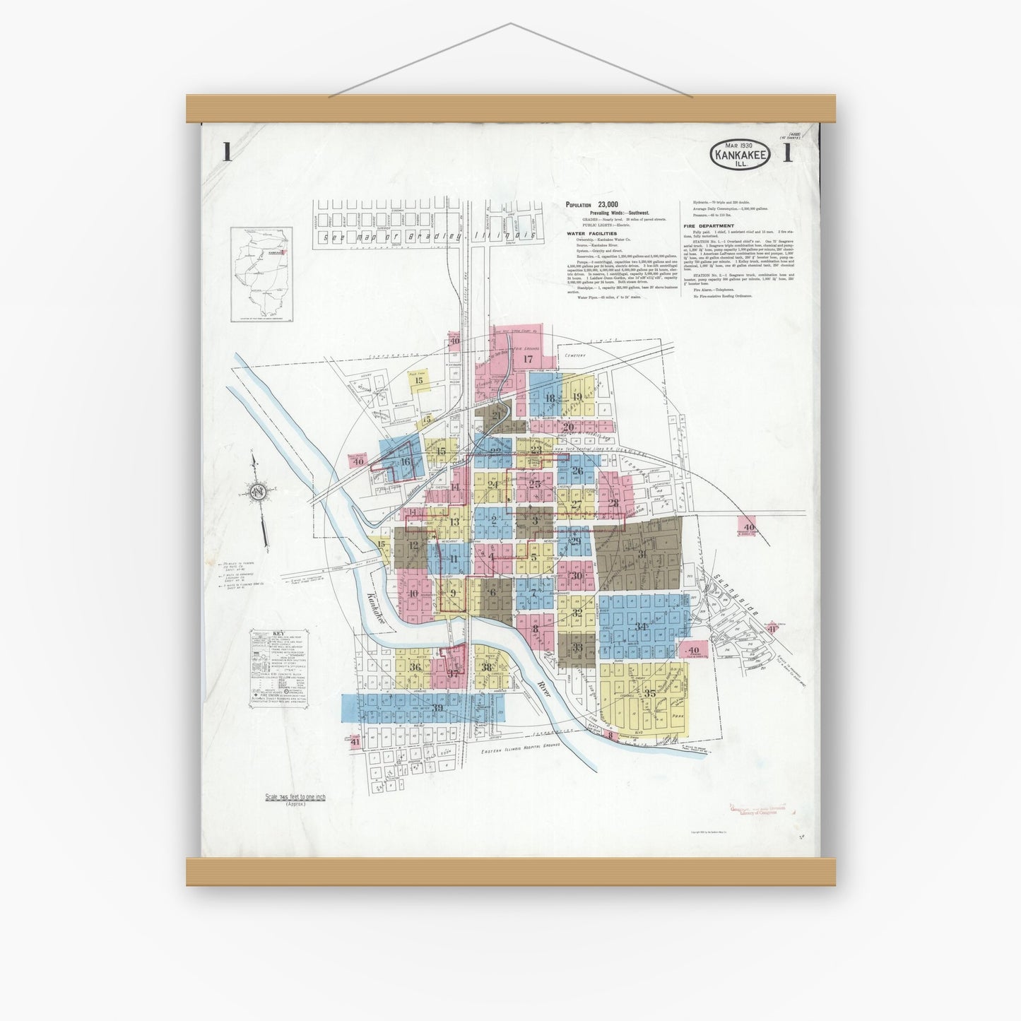 Old map wall art mockup — magnetic wood frame on white wall — Sanborn Fire Insurance Map from Kankakee, Kankakee County, Illinois (1930), Sheet #0001