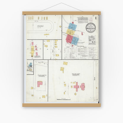 Old map wall art mockup — magnetic wood frame on white wall — Sanborn Fire Insurance Map from Woodsfield, Monroe County, Ohio (1905) - Complete Map Set