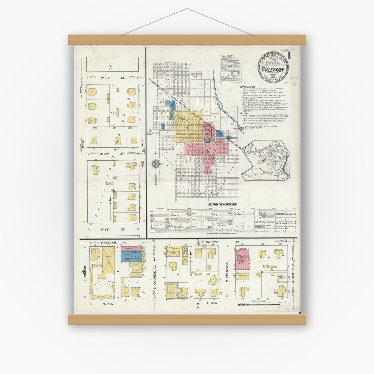 Old map wall art mockup — magnetic wood frame on white wall — Sanborn Fire Insurance Map from Coleman, Coleman County, Texas (1916), Sheet #0001