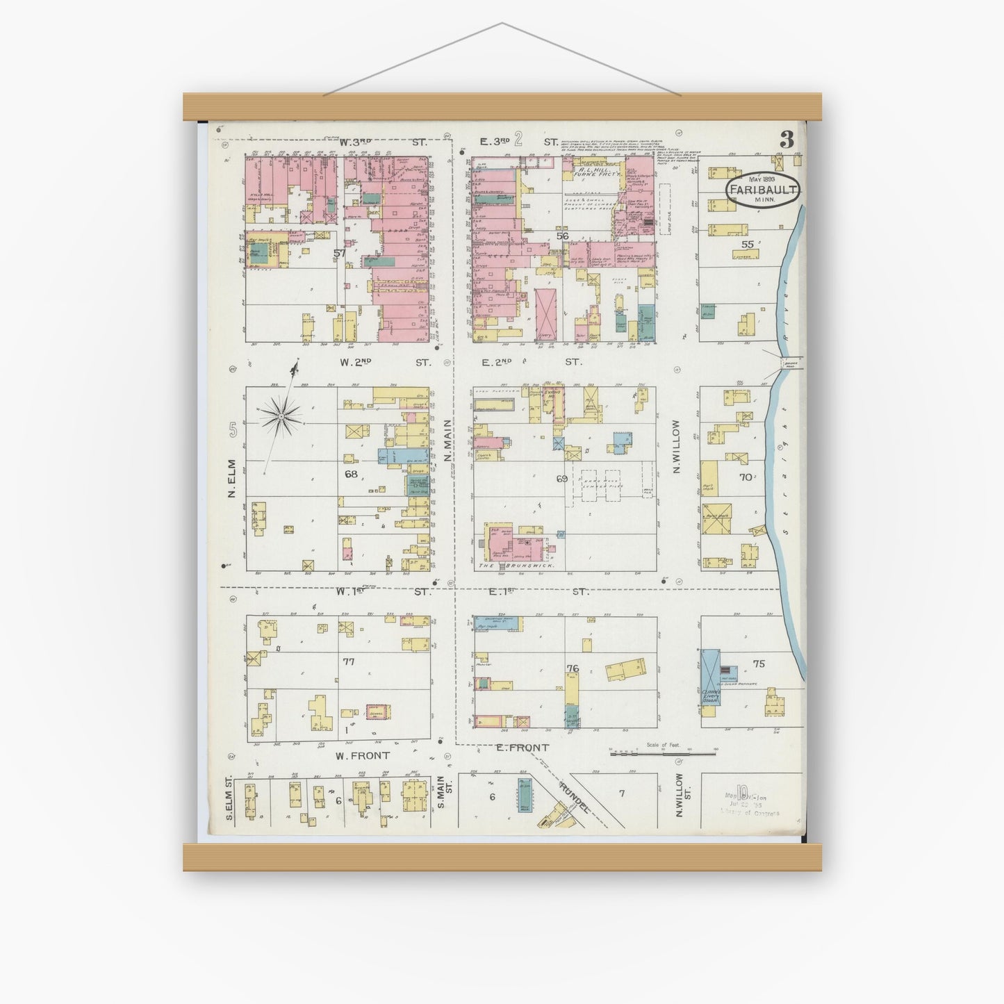Old map wall art mockup — magnetic wood frame on white wall — Sanborn Fire Insurance Map from Faribault, Rice County, Minnesota (1893), Sheet #0003
