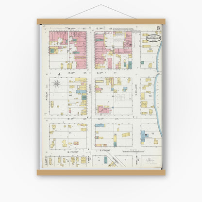 Old map wall art mockup — magnetic wood frame on white wall — Sanborn Fire Insurance Map from Faribault, Rice County, Minnesota (1893), Sheet #0003