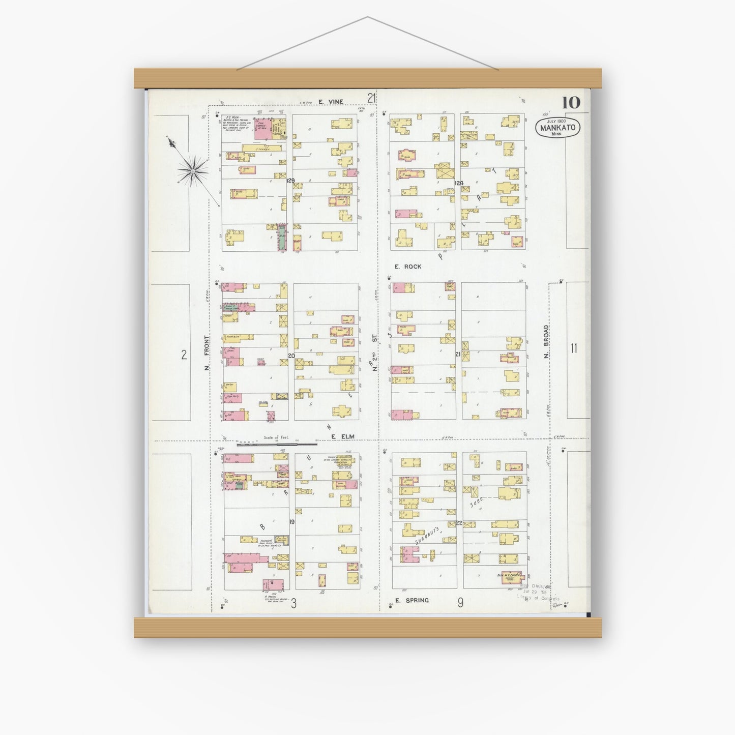 Old map wall art mockup — magnetic wood frame on white wall — Sanborn Fire Insurance Map from Mankato, Blue Earth County, Minnesota (1900), Sheet #0010