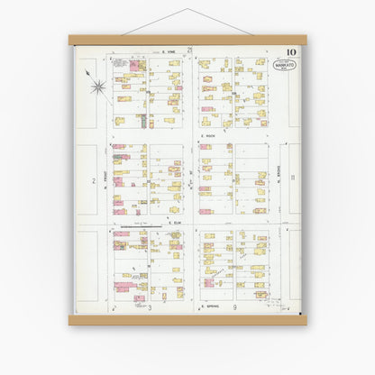 Old map wall art mockup — magnetic wood frame on white wall — Sanborn Fire Insurance Map from Mankato, Blue Earth County, Minnesota (1900), Sheet #0010