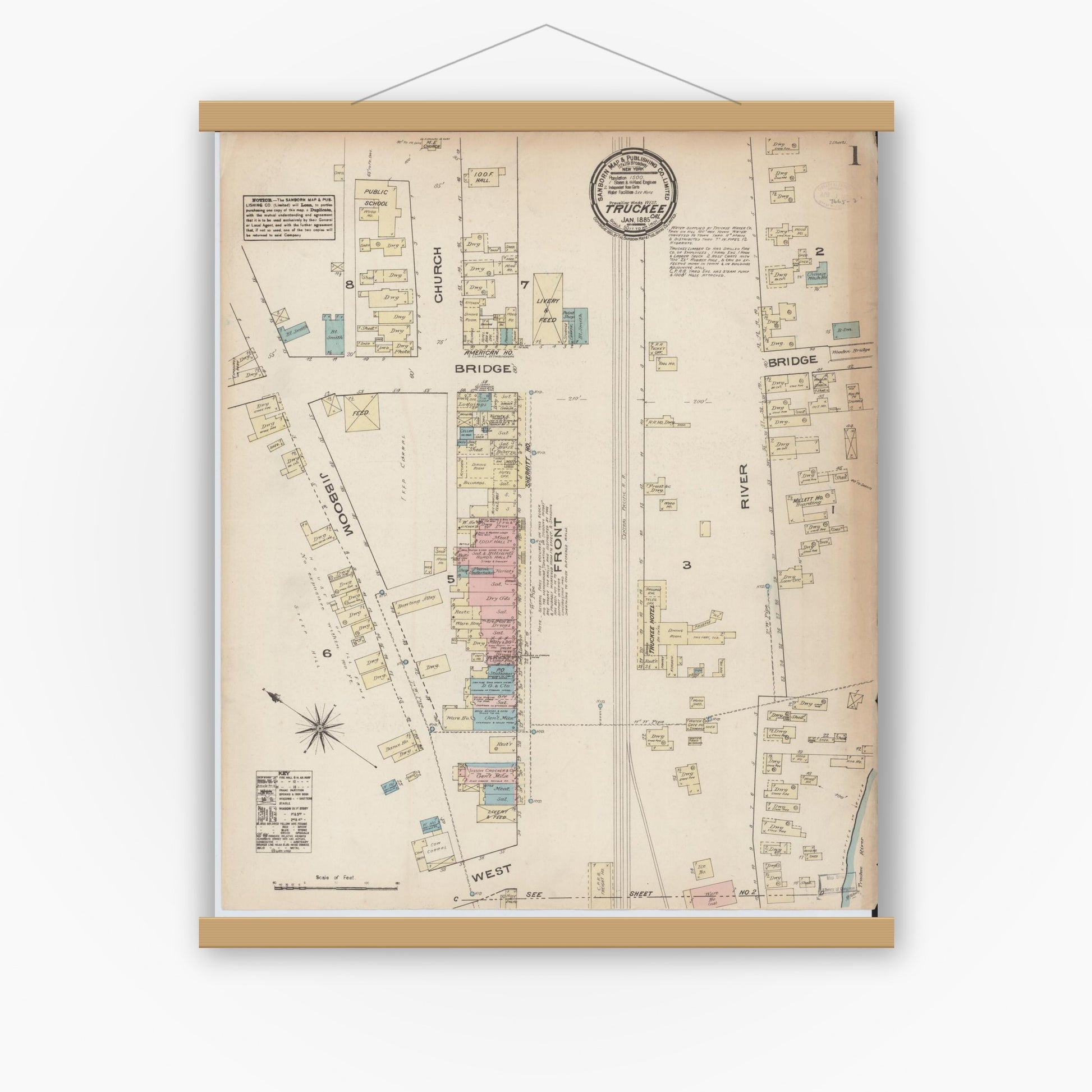 Old map wall art mockup — magnetic wood frame on white wall — Sanborn Fire Insurance Map from Truckee, Nevada County, California (1885) - Complete Map Set