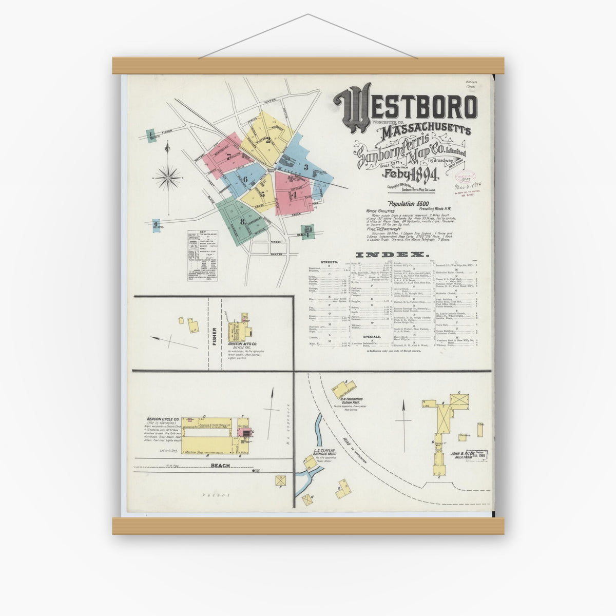 Old map wall art mockup — magnetic wood frame on white wall — Sanborn Fire Insurance Map from Westboro, Worcester County, Massachusetts (1894) - Complete Map Set