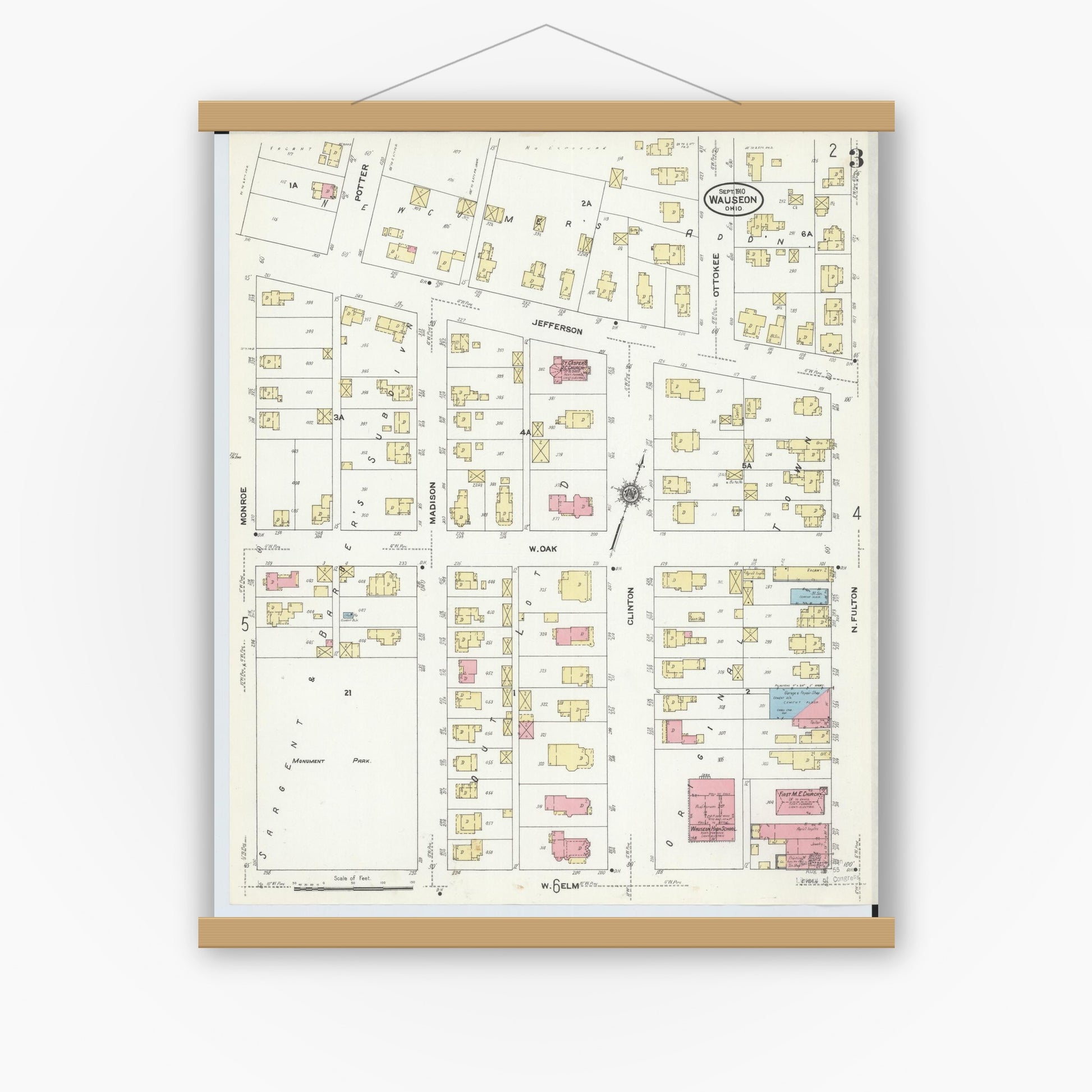 Old map wall art mockup — magnetic wood frame on white wall — Sanborn Fire Insurance Map from Wauseon, Fulton County, Ohio (1910), Sheet #0003