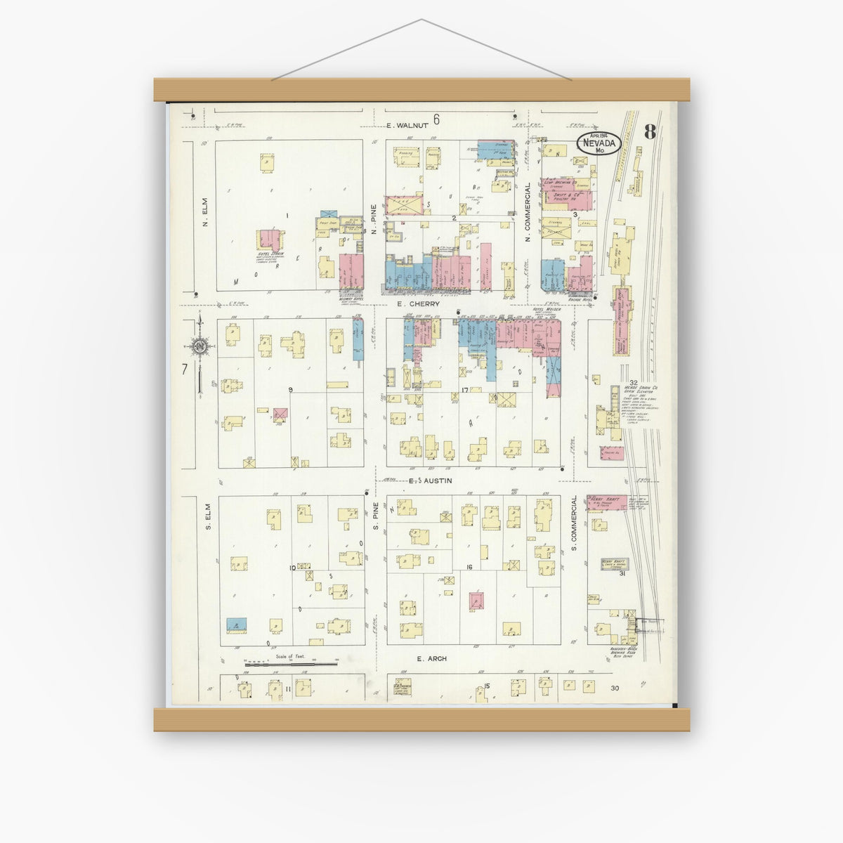 Old map wall art mockup — magnetic wood frame on white wall — Sanborn Fire Insurance Map from Nevada, Vernon County, Missouri (1914), Sheet #0008