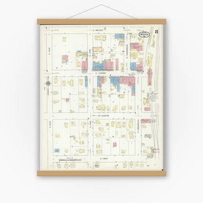 Old map wall art mockup — magnetic wood frame on white wall — Sanborn Fire Insurance Map from Nevada, Vernon County, Missouri (1914), Sheet #0008